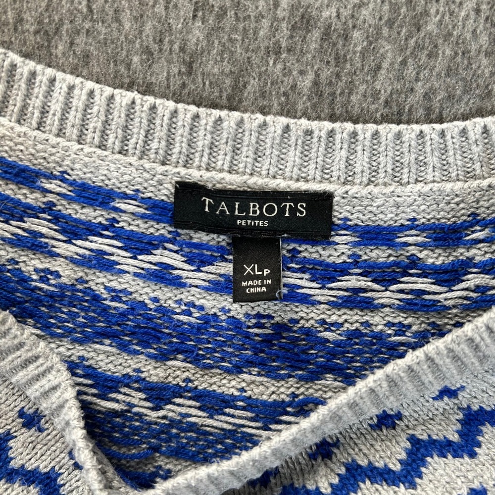 Talbots Petites Womens XL Gray Blue Fair Isle Cotton Blend Knit Pullover Sweater - Picture 2 of 8
